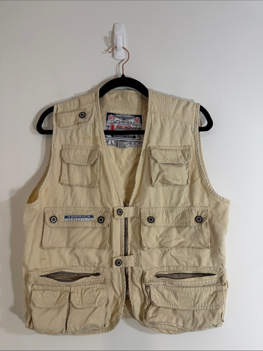 vintage 90s America Perry Ellis utility fishing vest in a khaki/beige colorway